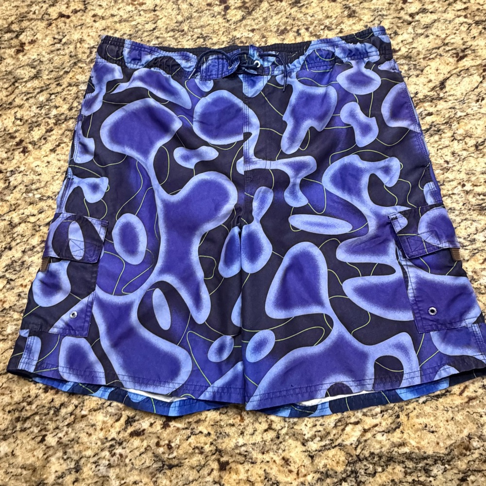 Vintage No‎ Boundaries Mens Blue Abstract Print Board Shorts Swim Trunks Size S